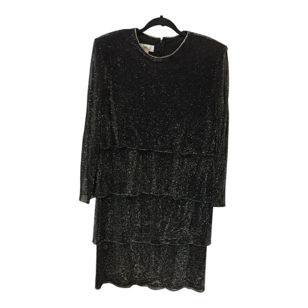 Patra‎ Tiered Dress Womens 16 Rhinestone Collar Black Silver Sparkle Long Sleeve
